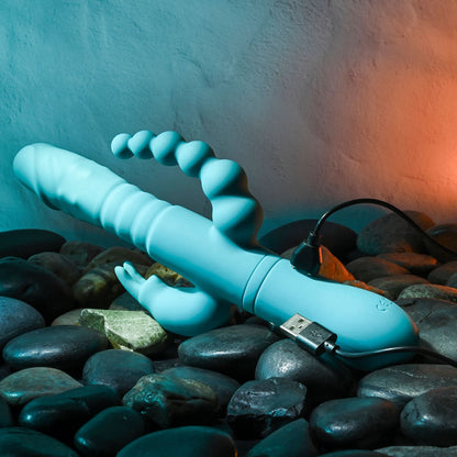 Adam & Eve EVES THRUSTING TRIPLE JOY RABBIT - Teal 25 cm USB Rechargeable Thrusting Rabbit Vibe