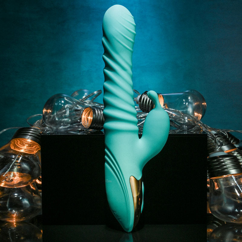 Adam & Eve HEAT ME UP Warming Rabbit Thruster - Teal 23.6 cm USB Rechargeable Warming Rabbit Vi