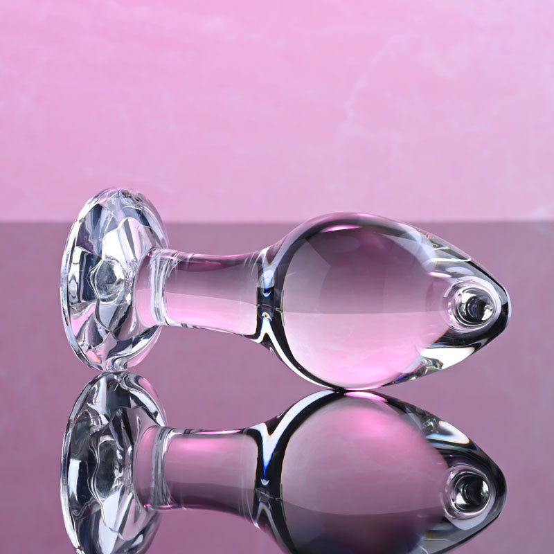 Adam & Eve PINK GEM GLASS PLUG MEDIUM - Clear Glass 8.7 cm Butt Plug with Pink Gem Base