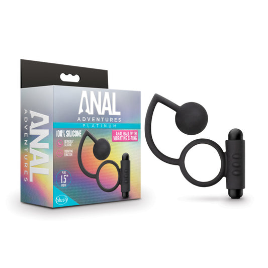 Anal Adventures Platinum Anal Ball & Vibrating C-Ring - Black Vibrating Cock Ring with Anal Bal