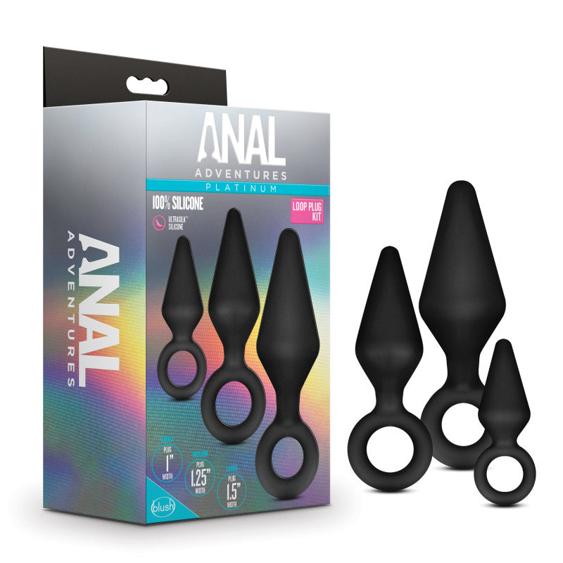 Anal Adventures Platinum Loop Plug Kit - Black Butt Plugs - Set of 3 Sizes