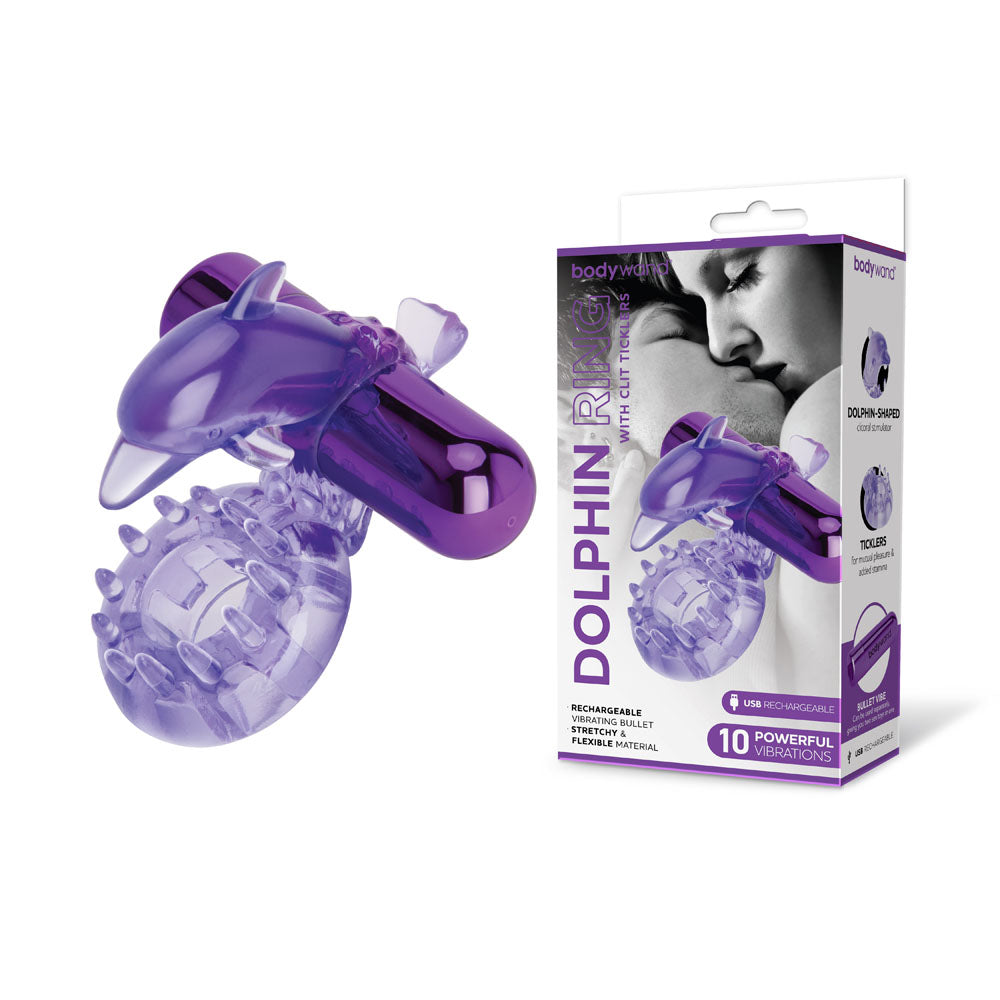 Bodywand Rechargeable Dolphin Ring with Clit Ticklers - Purple USB Rechargeable Vibrating Cock