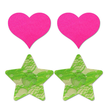 GLOW Fashion Pasties Set - Neon Green & Solid Pink - 2 Sets Included