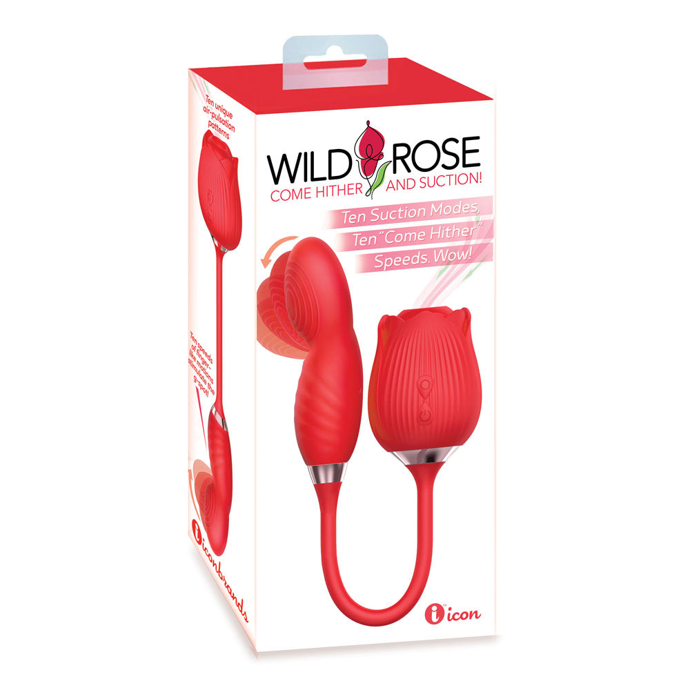 Wild Rose Come Hither & Suction Vibrator - Red USB Rechargeable Air Pulse Stimulator and Vibrat