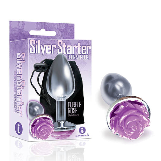 The 9s The Silver Starter - Silver 7.1 cm (2.8) Butt Plug with Purple Rose Bottom