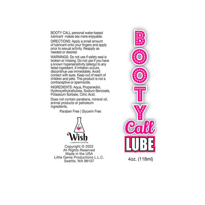 Booty Call Lube - Water Based Lubricant - 120 ml Bottle