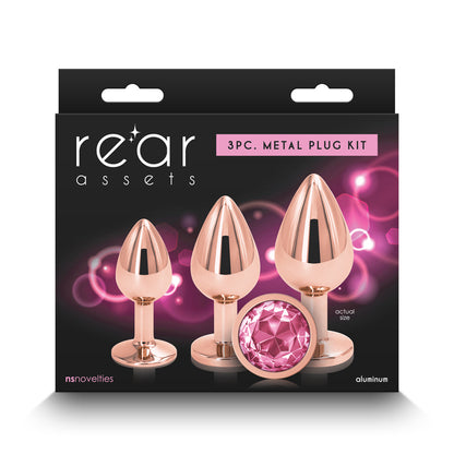 Rear Assets Trainer Kit - Rose Gold - Pink - Rose Gold Metallic Butt Plugs with Pink Gems - Set