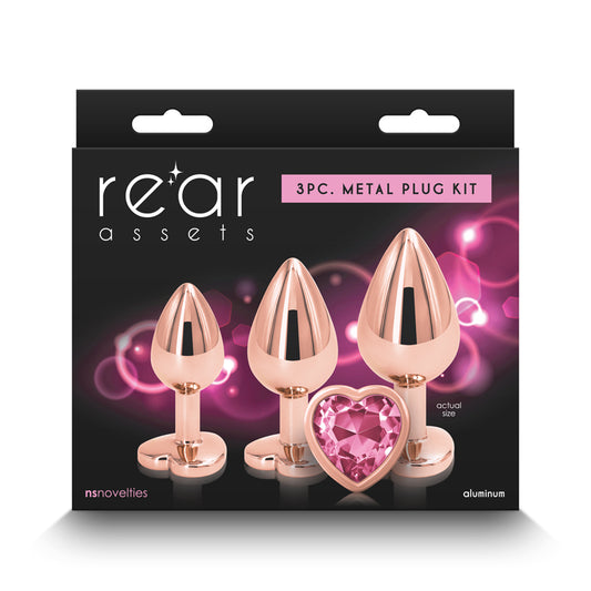 Rear Assets Trainer Kit - Rose Gold - Pink Heart - Rose Gold Metallic Butt Plugs with Pink Hear