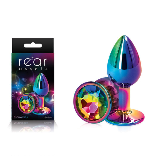 Rear Assets Multi Coloured Small - Multi Coloured Small Metal Butt Plug with Rainbow Gem Base