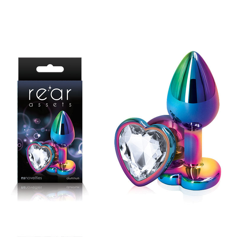 Rear Assets Multi Coloured Heart - Multi Coloured Small Metal Butt Plug with Clear Heart Gem Ba