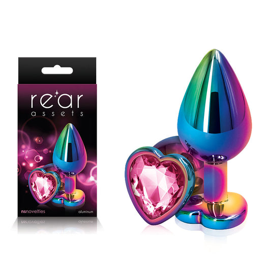 Rear Assets Multi Coloured Heart - Multi Coloured Medium Metal Butt Plug with Pink Heart Gem Ba