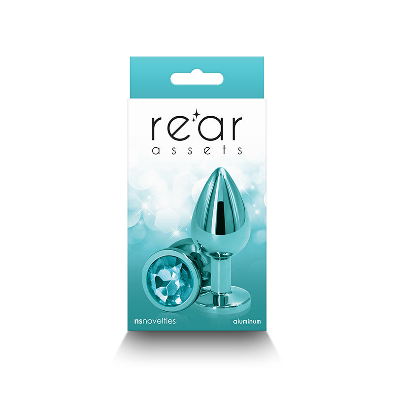 Rear Assets - Medium - Teal - Teal 8.2 cm Medium Metal Butt Plug with Teal Round Gem Base