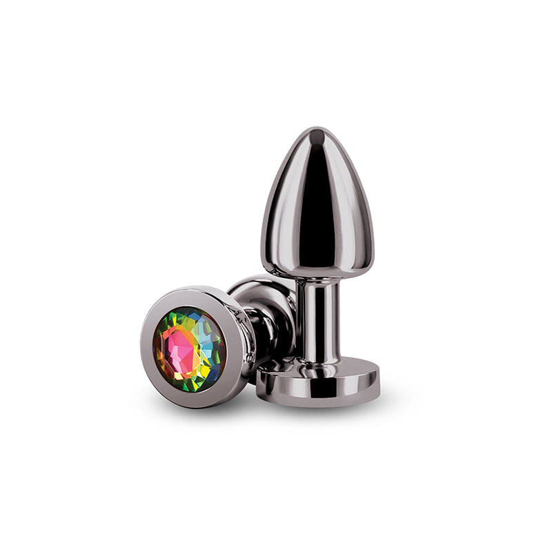 Rear Assets Petite - Gunmetal with Rainbow Gem - Gunmetal 6 cm Metal Butt Plug with Rainbow Rou