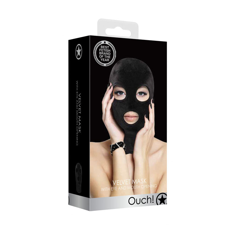 Ouch! Velvet & Velcro Mask with Eye and Mouth Opening - Black Hood