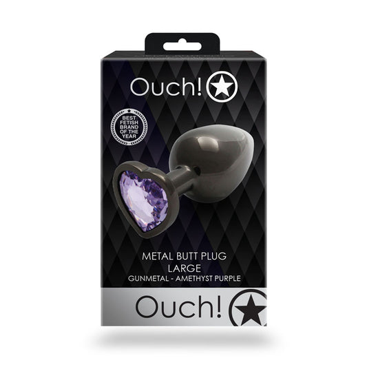 OUCH! Heart Gem Gunmetal Butt Plug - Large - Gunmetal 9.3 cm Large Butt Plug with Heart Gem Bas