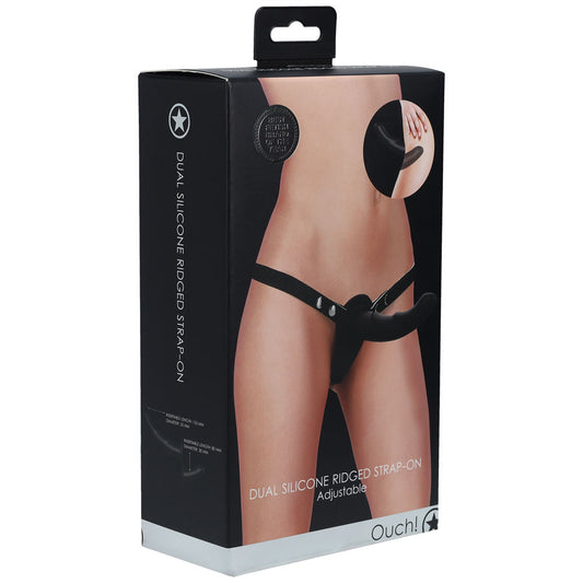 OUCH! Dual Silicone Ridged Strap-On - Black - Black Double Ended Strap-On