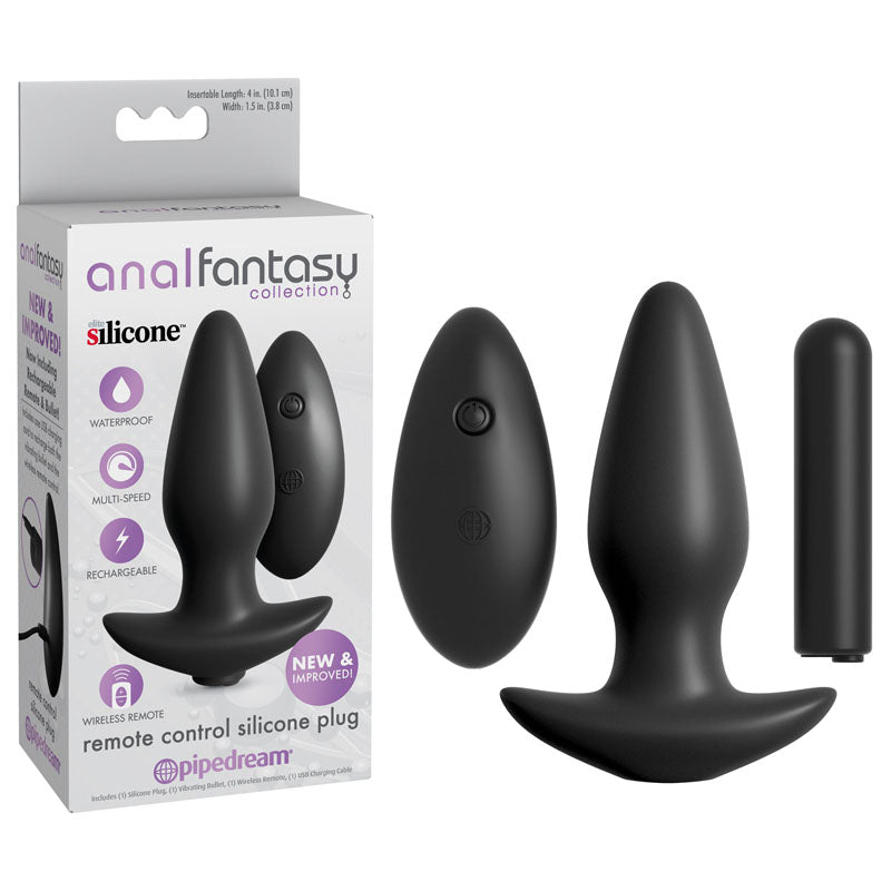 Anal Fantasy Collection Remote Control Silicone Plug - Black 10 cm (4) Rechargeable Vibrating B