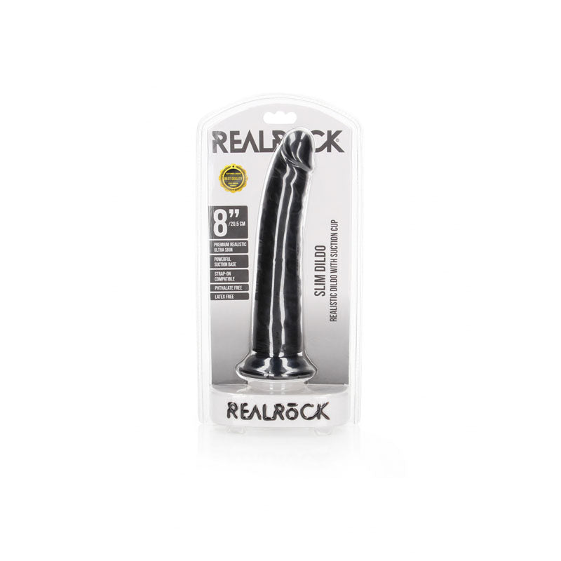 REALROCK Realistic Slim Dildo with Suction Cup - 20.5cm - Black 20.5 cm (8) Dong