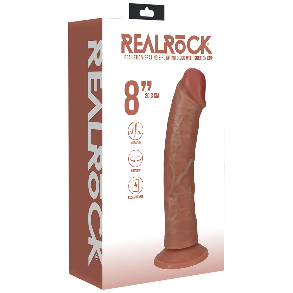 REALROCK 20cm Vibrating + Rotating Cock - Tan - Tan 20.3 cm (8) USB Rechargeable Vibrating and