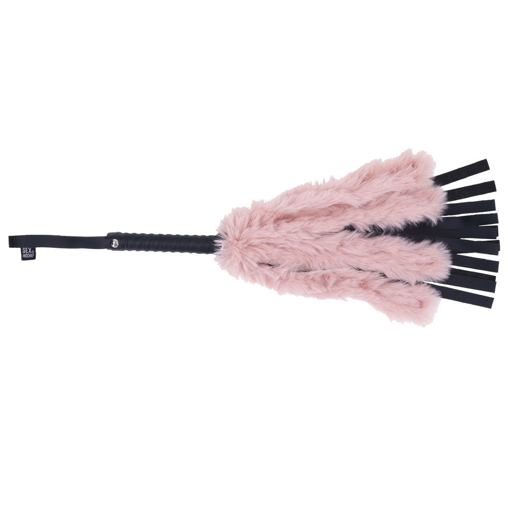 Sex & Mischief Brat Faux Fur Flogger - Black 50 cm Whip with Pink Faux Feather