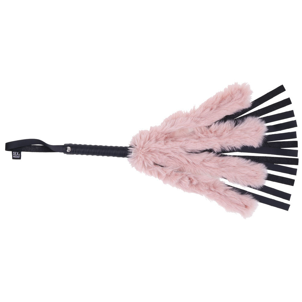 Sex & Mischief Brat Faux Fur Flogger - Black 50 cm Whip with Pink Faux Feather