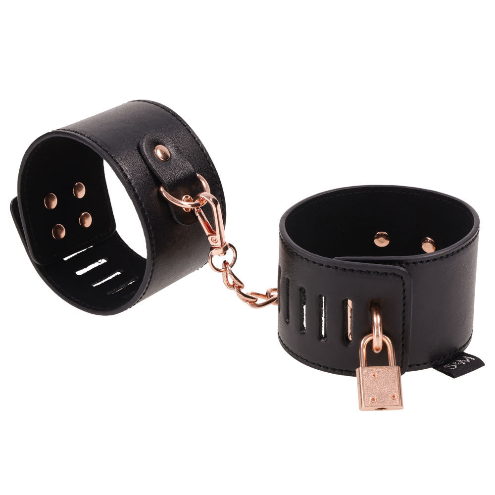 Sex & Mischief Brat Locking Cuffs - Black/Rose Gold Hand Cuffs