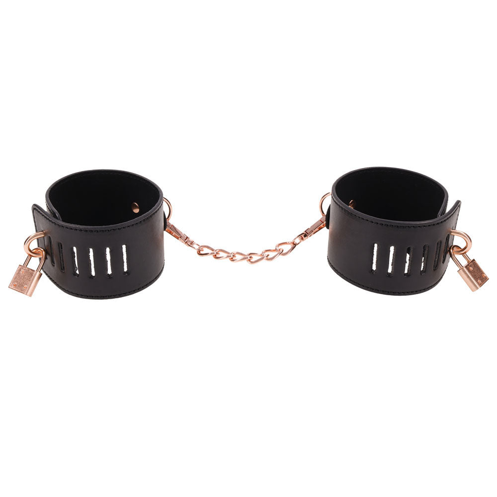 Sex & Mischief Brat Locking Cuffs - Black/Rose Gold Hand Cuffs