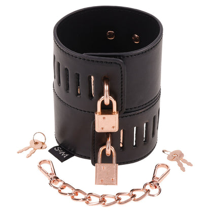 Sex & Mischief Brat Locking Cuffs - Black/Rose Gold Hand Cuffs