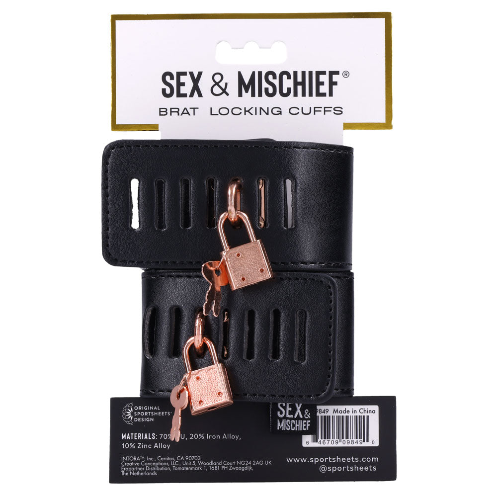 Sex & Mischief Brat Locking Cuffs - Black/Rose Gold Hand Cuffs