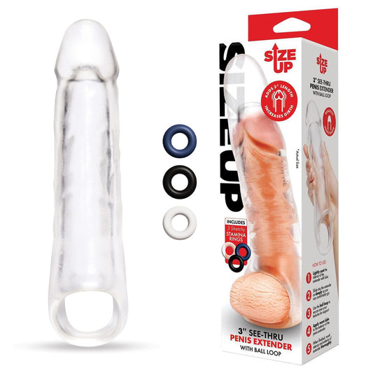 Size Up 3 Inch See-Thru Penis Extender with Ball Loop - Clear 7.6 cm (3) Penis Extension Sleeve