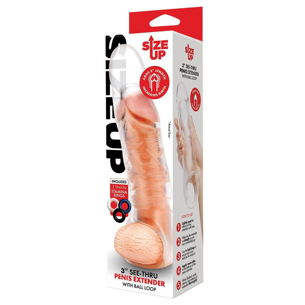 Size Up 3 Inch See-Thru Penis Extender with Ball Loop - Clear 7.6 cm (3) Penis Extension Sleeve