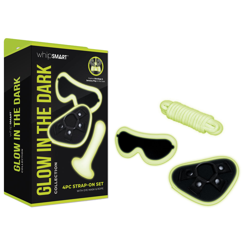 WhipSmart Glow In The Dark 4pc Strap-On Set - Glow in Dark 15.2 cm Strap-On with Eye Mask & Rop