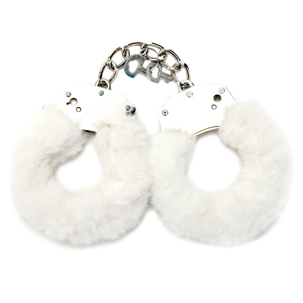 WhipSmart Classic Furry Cuffs - White - White Furry Restraints with Bonus Eye Mask