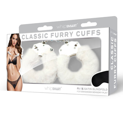 WhipSmart Classic Furry Cuffs - White - White Furry Restraints with Bonus Eye Mask