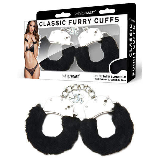 WhipSmart Classic Furry Cuffs - Black - Black Furry Restraints with Bonus Eye Mask