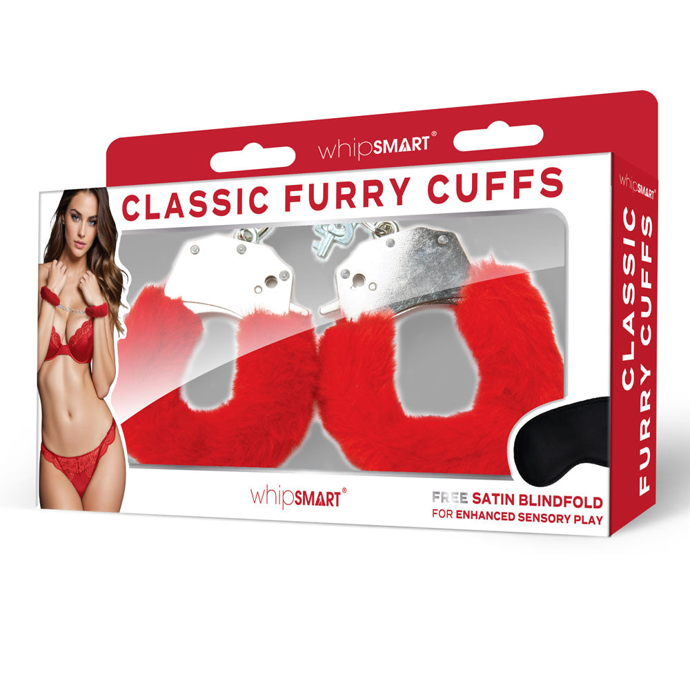 WhipSmart Classic Furry Cuffs - Red - Red Furry Restraints with Bonus Eye Mask