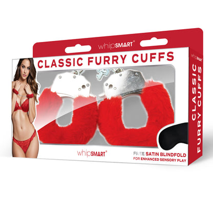 WhipSmart Classic Furry Cuffs - Red - Red Furry Restraints with Bonus Eye Mask