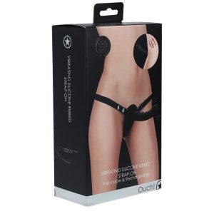 OUCH! Vibrating Silicone Ribbed Strap-On - Black